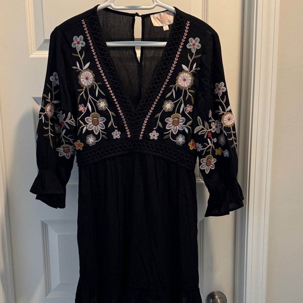 Embroidered V-Neck Black Mini Dress